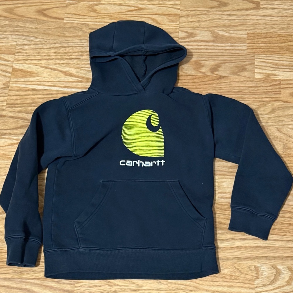 Carhartt Youth Hoodie Size S/P (8–10) Dark Gray Neon Logo Pullover Sweatshirt